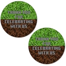 40 Pixel Miner Thank You Labels, 2 Inch Big Round Glossy Stickers, Great for Mine Themed Birthday Party, Boy or Girl Craft Event Decorations, Made in USA