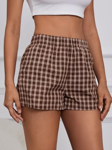 MakeMeChic Women's Gingham Pajama Bottom Elastic Waist Wide Leg Sleepwear Plaid Lounge Shorts3
