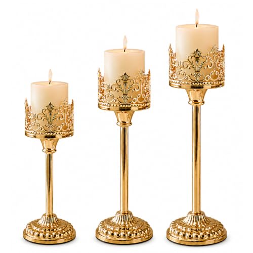 Image of 3Pcs Pillar Candle Holders Hurricane Candle Holder, Vintage Hollow Carved Tall Candlestick Stands Gold Candle Holders fo for Christmas, Wedding, Home decor, Table Mantle Fireplace Decoration