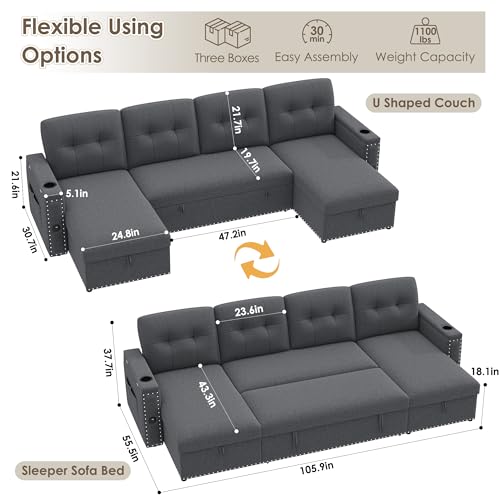 HIFIT 106\" Sectional Couches for Living Room- Pull Out Sleeper Sofa Couch w/Storage Chaise,Storage Armrest,LED Light&USB Port&Cupholder, Modern Linen U Shaped Home Sofa Living Room Furniture Set, Grey
