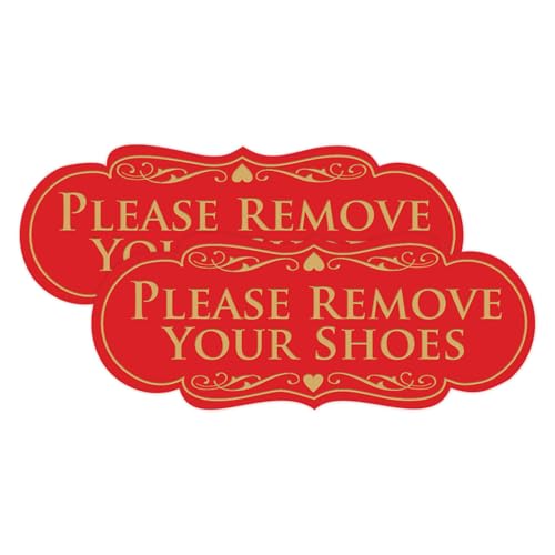 All Quality Designer Please Remove Your Shoes Wall or Door Sign - No Shoes Signage | Easy Installation - Red/Gold - Medium (2 Pack)