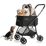 MILA&LOUIS Pet Stroller with 4 Pu Wheels, 4.5kg Ultra-Light Dog&Cat Stroller for Multiple Small Pets & Medium, Max 44Lbs Capacity Detachable&Foldable Design with Cup Holder Ideal for Walks and Travel