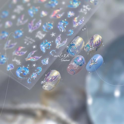 Image of Waves Nail Stickers Blue Nail Decals with Fish Tails Design 5D Embossed Summer Shells Nail Art Stickers Self Adhesive for Women DIY Decoration Accessories