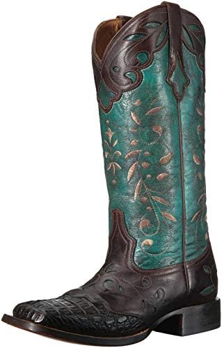 Lucchese Womens Sherilyn Crocodile Square Toe Boots Mid Calf Low Heel 1-2" - Blue,Brown - Size 6 B