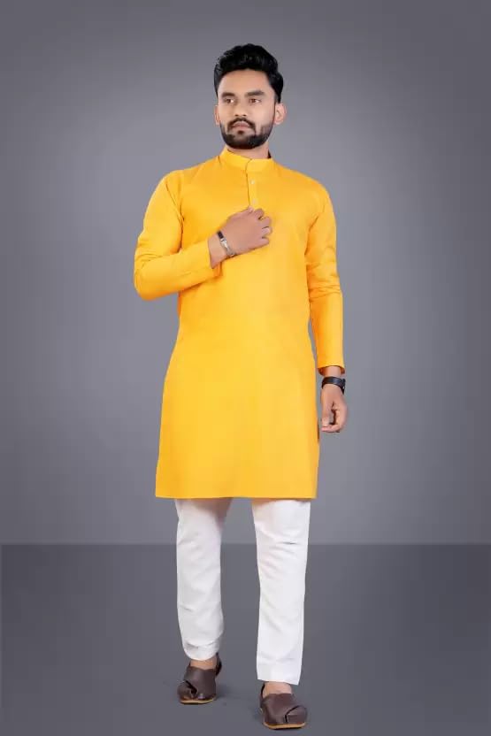 Image of weltpocket Men's Cotton Blend Solid Straight Kurta Pyjama