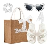 ChunDA JGA Accessoires Frauen, 5 Stück Bride to Be Geschenke für junggesellenabschied frauen, Bride Tasche aus Jute, Hausschuhe, Sonnenbrille in Herzform, Schleife, Haargummi für Braut Geschenke