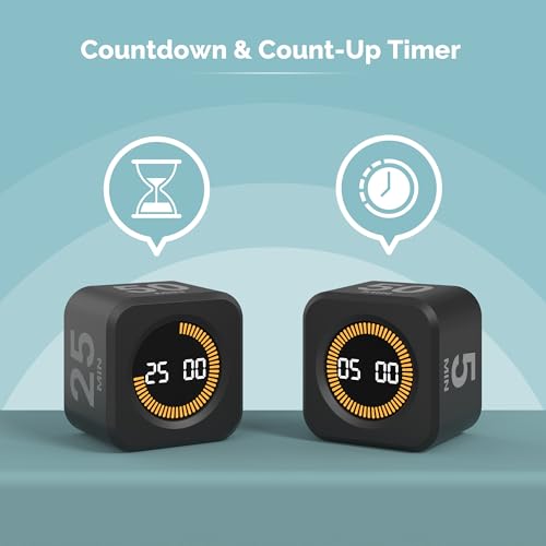 KADAMS Pomodoro Timer Visual - Productivity Pomodoro Cube, 5/10/25/50 Min Countdown & Countup, Silent – Ideal for Work Study Cook Workout Kitchen School Classroom Office ADHD Gift Kids (1, Black) - Thumbnail 3