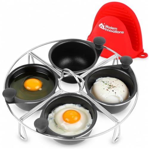 Modern Innovations Stainless Steel 4-Cup Egg Poacher Tray - Complimentary Silicone Mitt - Egg Poacher Insert for Poaching Eggs & Eggs Benedict - Poached Egg Maker Compatible with Most Pans