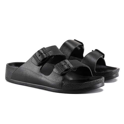 VIVASHOES Women’s Double Buckle EVA Sandals – Lightweight Waterproof Adjustable Slides with Arch Support for Summer, Beach, Pool & Daily Wear – True to Size Good for Wide Fit – Black 6