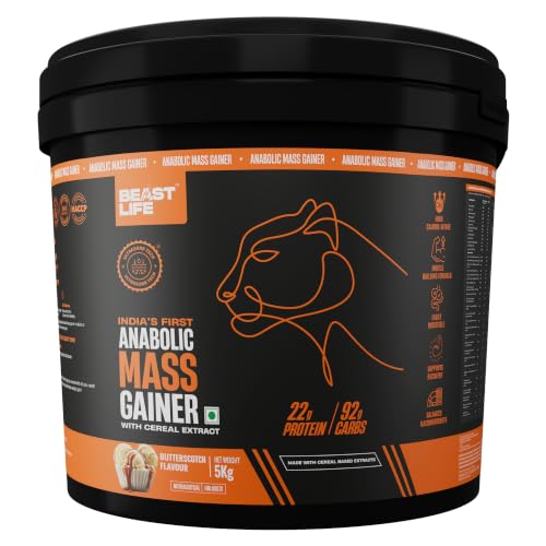 Image of BeastLife High Protein Mass /Weight Gainer | 5 KG | Butterscotch | NABL LAB Tested | For Muscle Gain & Fast Growth | Cereal-Based Formula, No Maltodextrin | India's #1 Cereal Based Bulk Gainer