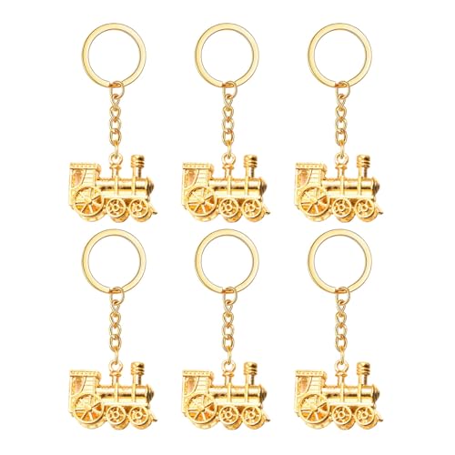 MALOYANVE 6 Pcs 3D Steam Train Keychain Set Antiqued Gold Silver Punk Style Bag Charm Car Keys Gift for Train Traffic Lovers (Gold)