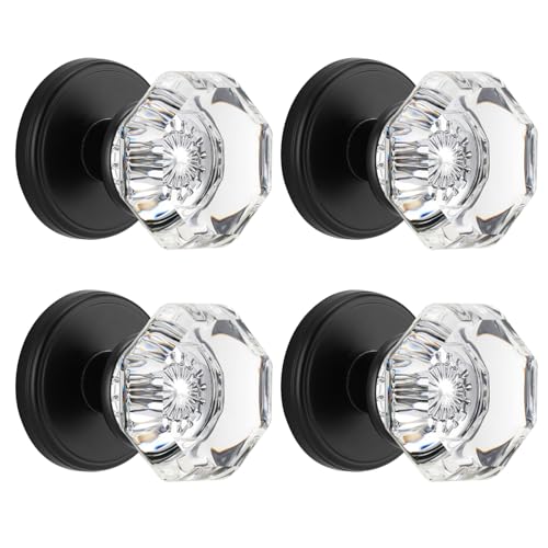 CLCTK Dummy Glass Crystal Door Knobs, Matte Black Round Dummy Door Handles for Hall Closet Bifold Octagon, 4 Pack