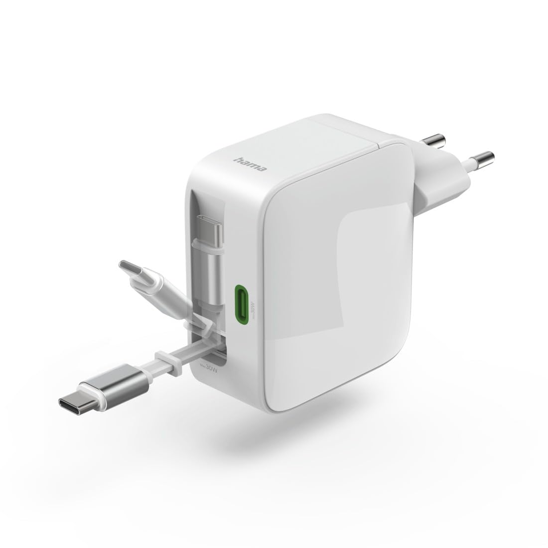 Hama Caricabatterie rapido 65 W GaN, 2 x USB-C con cavo retrattile integrato (70 cm), Power Delivery & Qualcomm Quick Charge 3.0, compatto, protezione corto-circuito, ideale per PC portatile