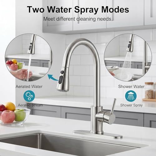 KINGO HOME Kitchen Faucet with Soap Dispenser: 304 Stainless Steel Kitchen Sink Faucets with Pull Down Sprayer 3 Modes, Single Handle High Arc Mixer Taps for Sink, RV, Laundry, Bar (Brushed Nickel) by KINGO HOME - Used condition - Image 4