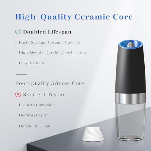 UNNEES Gravity Electric Salt and Pepper Grinder set of 2, Automatic Salt And Pepper Grinder Set, Adjustable Roughness, Battery Powered, LED Light, 2 Pack Set, (Black)
