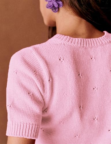 Image of Womens Cardigan Short Sleeve Lightweight Cropped Sweaters 2025 Summer Button Up Shirts Crew Neck Crochet Knit Top