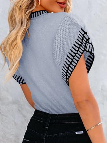 Image of Saodimallsu Womens Short Sleeve Sweater Summer Striped Top Soft Knit Shirts | Ruffle Sleeve,Loose,Crew Neck,Lightweight,Casual,Work,Spring,Womens Tops,Pullover,Fall