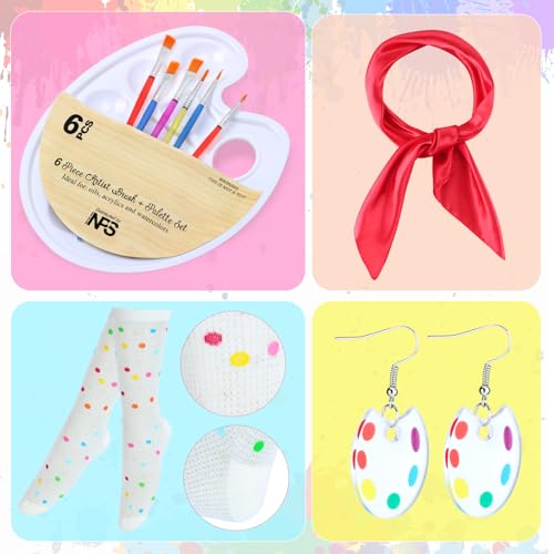 Kyson Artist Costume for Adult 8 Pcs Painter Halloween Dress Up with Beret Apron Palette Paint Brushes Earrings Bandana Beard — view 4