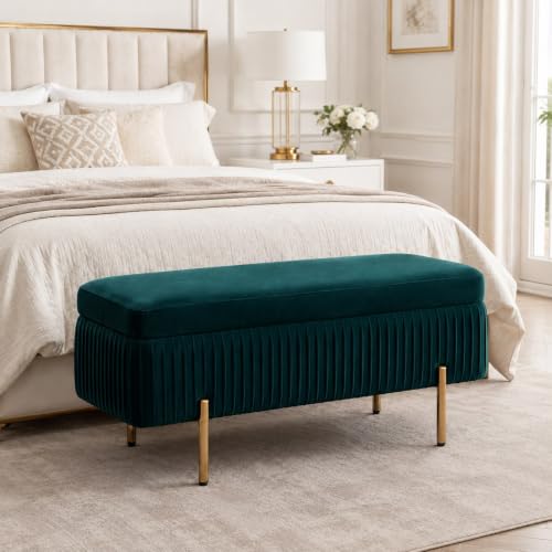 Image of LEGACY OF COMFORT Miajah Velvet Upholstered Flip Top Storage Bench 2 Seater Sofa Upholstered Ottoman Bench with Storage for Living Room, Bedroom (Dark Teal)