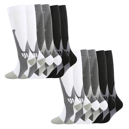 Medias de compresión para hombre y mujer, de MEVERY, para deportes, viajes, fitness, vida cotidiana, transpirables, blanco+gris+negro, L/XL(6PCS)