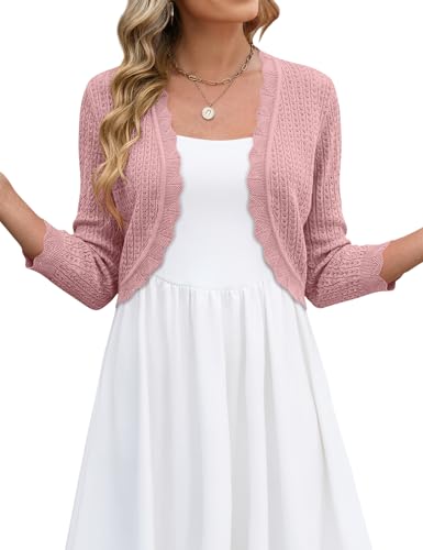 LOMON Womens Light Weight Cardigan Women 3/4 Sleeve Cropped Bolero Shrug Open Front Crochet Knit Sweater, M Gray Pink