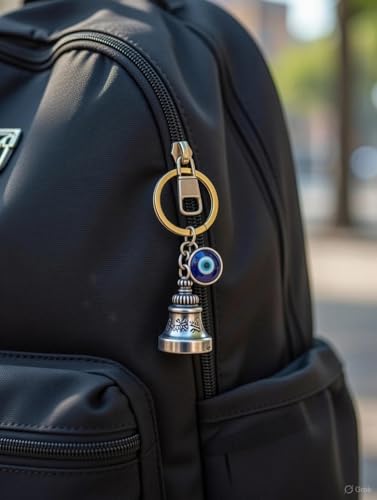 Image of Guardian Bell Keychain, Silver, Metal, Good Luck Charm with Evil Eye Nazar, for Bike & Motorcycle