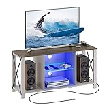 Seventable TV Stand with Power Outlets and LED Lights, 43' TV Console with Glass Shelf for TVs up to 55”, Farmhouse Entertainment Center for Living Room, White