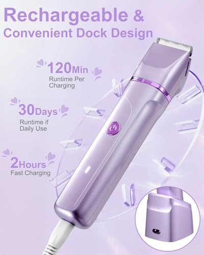 Bikini Trimmer for Women - Painless Electric Razors for Silk Skin,Cordless Electric Shaver for Trip,Replaceable Trimmer for Women,IPX7 Waterproof & Easy Cleaning,Ceramic Blade,USB Charge Dock Purple - Image 4