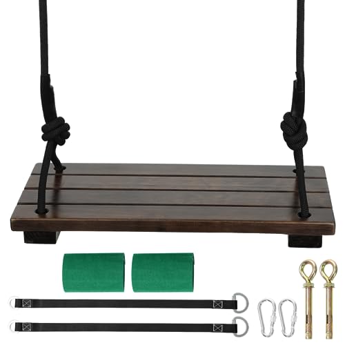 Heavy Duty Wooden Tree Swing Seat for Adults & Kids - 440lbs Capacity, Adjustable Rope & Tree Straps, Indoor/Outdoor Swing Set for Backyard, Garden, Porch, Patio, 17.72" x 7.87"