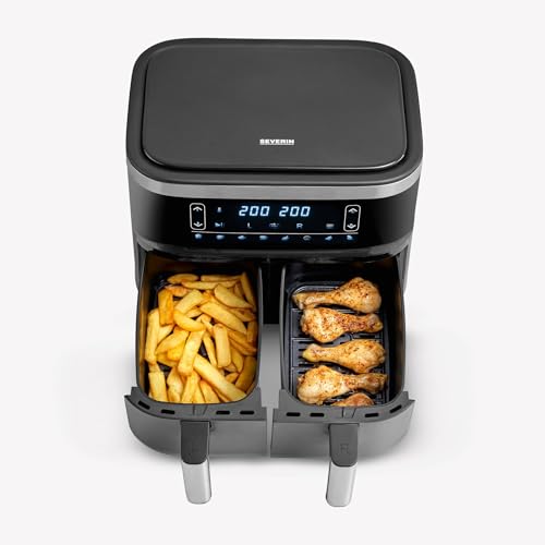 SEVERIN Friteuse à air chaud 2 850 W, Friteuse sans huile avec technologie à air chaud et 2 paniers de 3,25 litres chacun, Multicuiseur avec Fonction Déshydratation, Noir, FR 2453