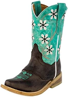 Girls Kids Teal Light Brown Floral Embroidered Cowgirl Boots Snip 10 Toddler