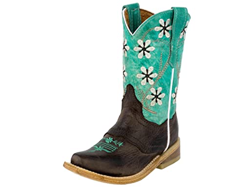 Girls Kids Teal Light Brown Floral Embroidered Cowgirl Boots Snip 10 Toddler #TOP1