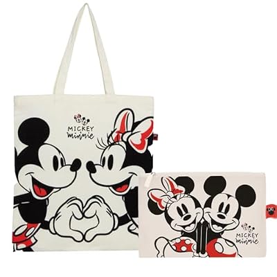 Superdiver Set Borsa Shopping e Pochette Topolino e topolina - Licenza Ufficiale Disney Mickey e Minnie Mouse - Cotone e Poliestere - Ideale per Uso Quotidiano o Regalo - 37x41 cm e 22,5x16 cm