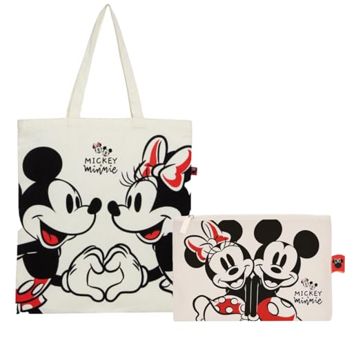Superdiver Set Bolsa Shopping Y Neceser Mickey Y Minnie - Licencia Oficial Disney - Algodón Y Poliéster - Ideal Para Uso Diario O Regalo - Bolsa 37x41 Cm Y Neceser 22,5x16 Cm