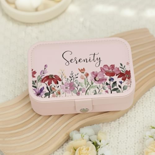 Image of PRIMIT Personalized Jewelry Box for Women & Girls - Travel Jewelry Organizer with Custom Name & Floral Design, Bridesmaid, Wedding, Anniversary (Pink)