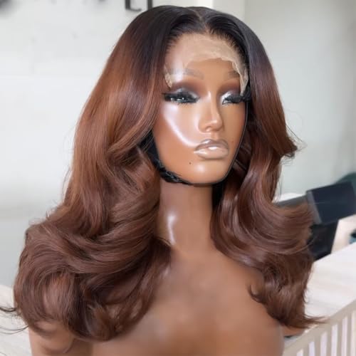 Merhara Ombre Ginger Bob Wig Human Hair 13x4 Body Wave HD Lace Front Wigs Human Hair for Women Pre Plucked Glueless 200% Density Ombre Ginger Brown Colored Short Bob Wigs 16 Inch