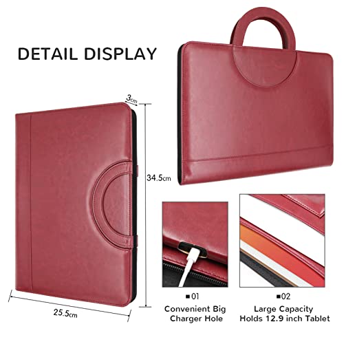 Darolin Zippered Leather Padfolio Portfolio with Hidden Handle and Clipboard, Business Conference Organizer Notepad Folder, Portfolio Bag, Padfolio for Women/Men (Redwine) - Thumbnail 3