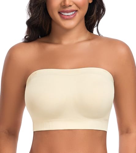 DotVol Women’s Strapless Bandeau Wireless Bra Plus Size Lightly Padded Seamless Tube Top Everyday Bralette(Beige,M)