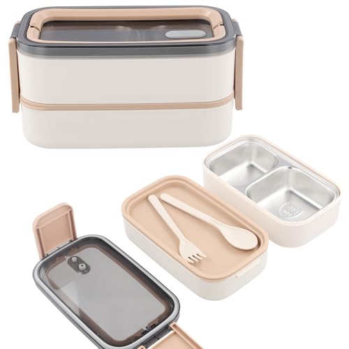 Fiambrera Bento de Acero Inoxidable,2 Niveles con Compartimentos,...