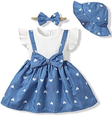 12-18 Month Girl Clothes Toddler Baby Girl Clothes Newborn Infant Dress Summer Outfit Ruffle Short Sleeve Romper Little Girl's Clothing Cute Hat Gift Shirt 3Pcs White Denim Blue Ovrall Dress