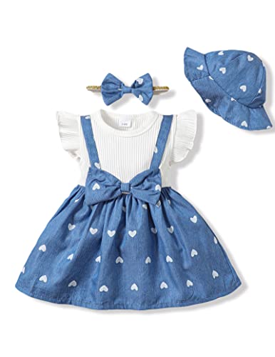 12 Month Girl Clothes Baby Newborn Girl Clothes Infant Dress Summer Outfit Ruffle Short Sleeveless Romper Onesie Baby Girl's Clothing Headband Hat Gift Shirt Top 3Pcs White Denim Blue Ovrall Dress #TOP19