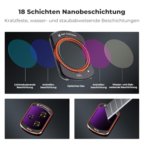 K&F CONCEPT FD161 magnetisches ND Filter Set, kompatibel mit DJI Osmo Pocket 3/4, 4er Pack, CPL Filter, ND16, ND64, ND512 Filter, Osmo Pocket 3 Zubehör, Osmo Pocket 4 Zubehör(Aluminiumrahmen)