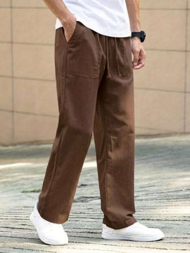 Image of Linen Pant for man | Loose Fit Trouser for Men | Elastic Waist with Drawstring | Perfect for Casual Wear | Lightweight Breathable Fabric | Straight Fit & Side Pocket