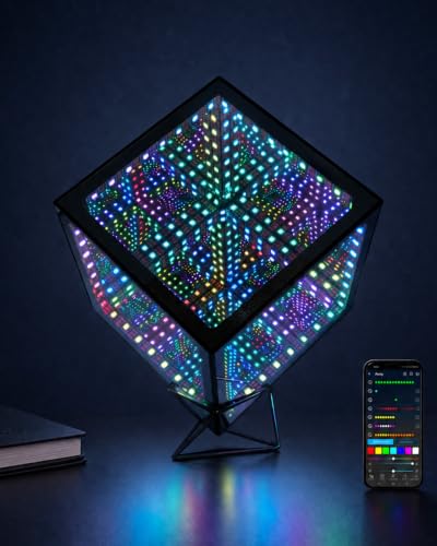 A 6.5" infinity mirror hypercube that creates a mind-bending endless 3D tunnel of light — genuinely hard to look away from.