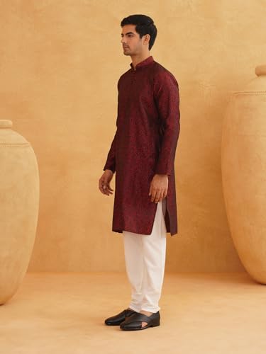 Image of SOJANYA (Since 1958 Men's Silk Blend Self Design Maroon Kurta and Churidar Pyjama Set
