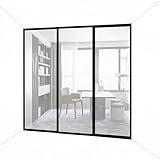 3-Panel Clear Glass Sliding Room Divider - Tempered Glass Wall Separator Screen for Office, Home, Workstation, Cubicle, Desk - Commercial & Residential Partition - 108' W x 96' H, Black Frame