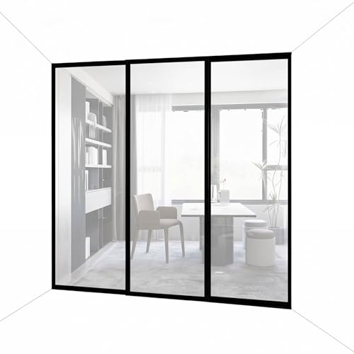 3-Panel Clear Glass Sliding Room Divider - Tempered Glass Wall Separator Screen for Office, Home, Workstation, Cubicle, Desk - Commercial & Residential Partition - 90' W x 80' H, Black Frame