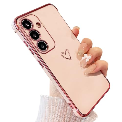 Image of Knoowcase for Samsung A17 5G Case for Girls Women Shockproof Flexible Silicone Bumper Lens Protection Luxury Plated Gold Heart Slim Anti Scratch Phone Cover for Galaxy A17 4G/ 5G Phone Case, Pink