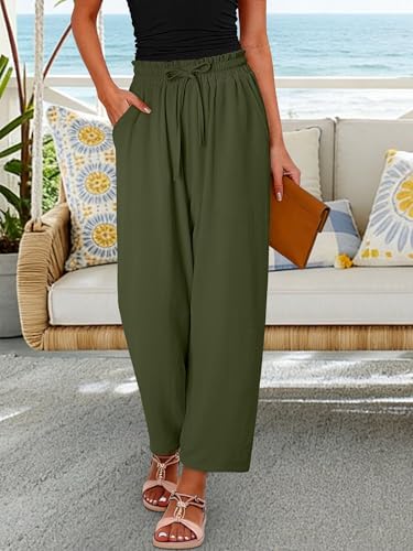 CRAZY GRID Womens High Waisted Palazzo Pants Summer Flowy Beach Wide Leg Trousers Loose Casual Petite Vacation Pants with Pockets Small Army — view 3
