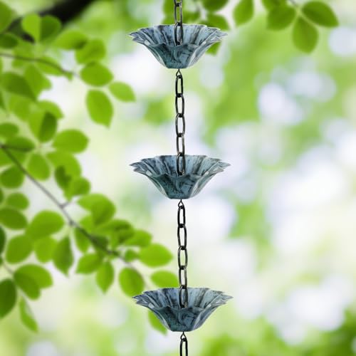 Rifachua 12 Cups Lotus Rain Chain for Gutters Downspouts Outside 8.5ft, Blue Plated Lotus Rain Chain Cups, Functional and Decorative Replacement for Gutter Downspouts by Rifachua - Image 4